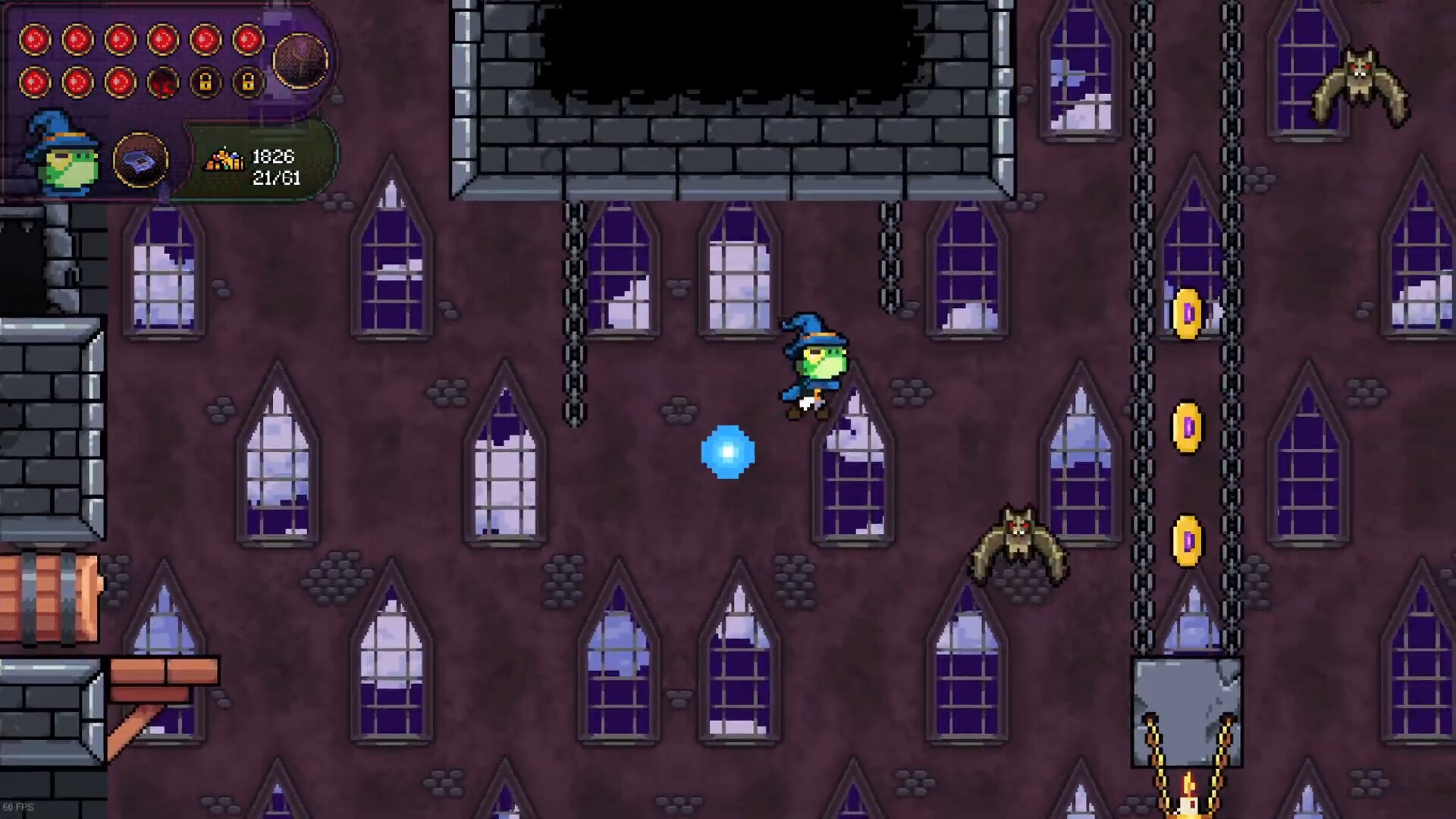 Purple sewer area with potion merchant